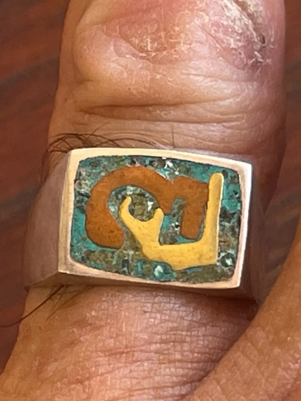 Vintage Mexican Sterling Cubist Picasso Iinlay Signet Ring - 10.5